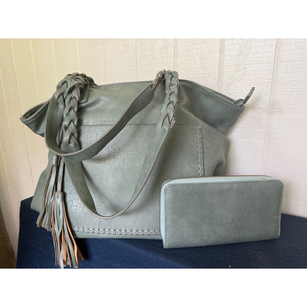 Sage Green Faux Leather Tote Bag and Matching Zip Around Wallet Set Boho Tassel